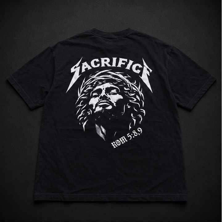 Black t-shirt with white graphic design on a dark background