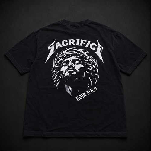 Black t-shirt with white graphic design on a dark background