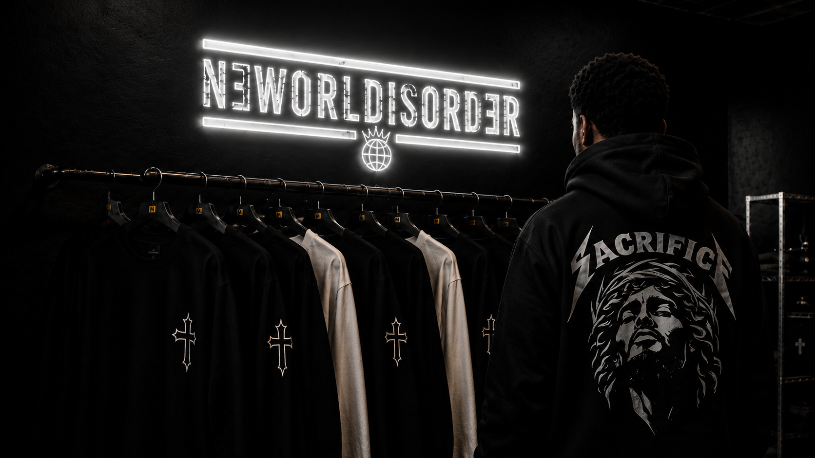 Person wearing a hoodie with 'Sacrifice' design in a store with 'N3WORLDDISORDER' sign.