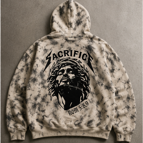 Tie-dye hoodie with 'Sacrifice' logo and design on a gray background