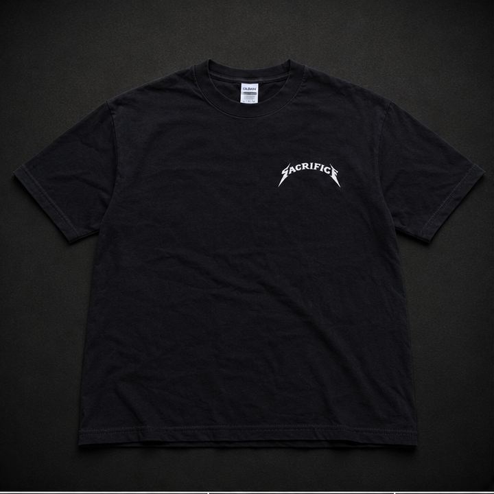 Black t-shirt with 'Sacrifice' design on a dark background
