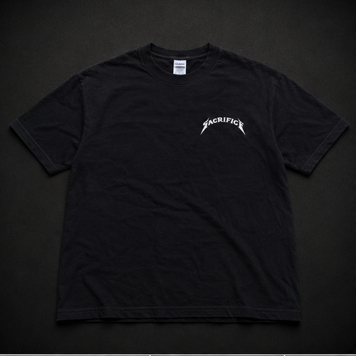 Black t-shirt with 'Sacrifice' design on a dark background