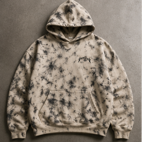Tie-dye hoodie with 'Sacrifice' logo and design on a gray background