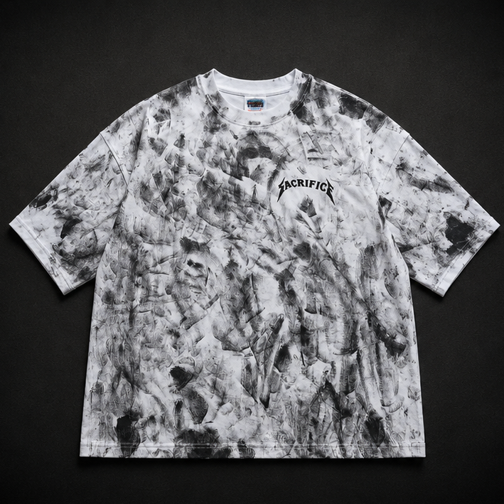 Tie-dye t-shirt with 'Sacrifice' design on a black background
