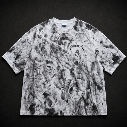 Tie-dye t-shirt with 'Sacrifice' design on a black background