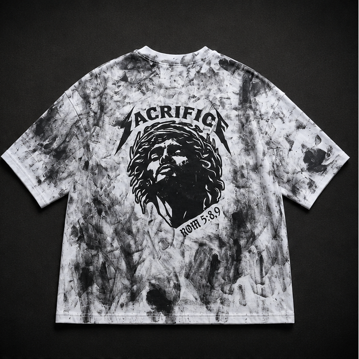 Tie-dye t-shirt with 'Sacrifice' design on a black background