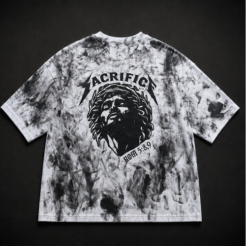 Tie-dye t-shirt with 'Sacrifice' design on a black background